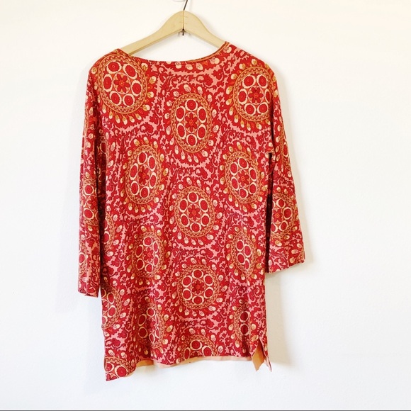 Soft Surroundings Silk Blend Orange Jeweled Geometric Pattern Top - Picture 4 of 5